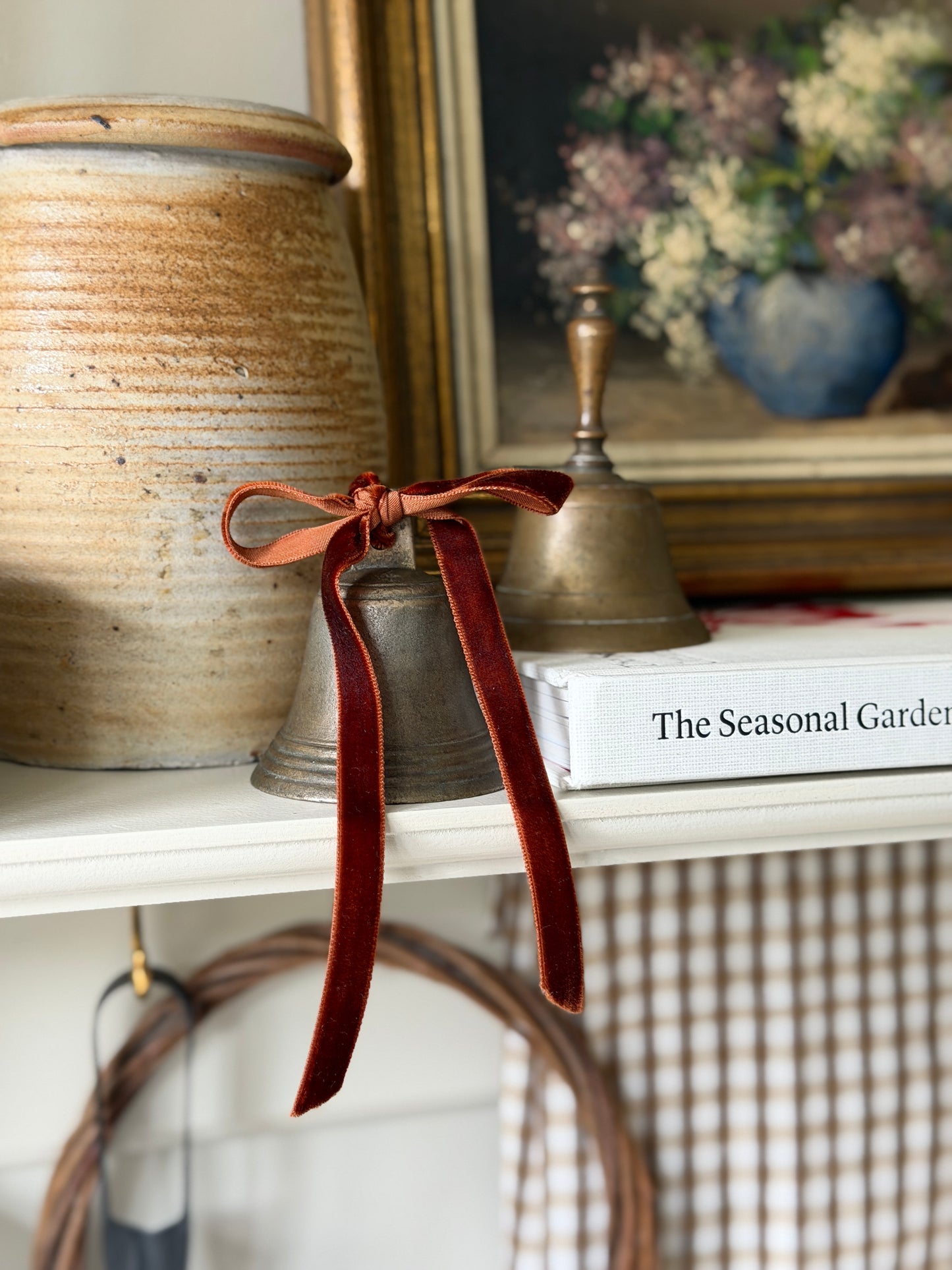 Antique Brass Bell with Velvet Ribbon