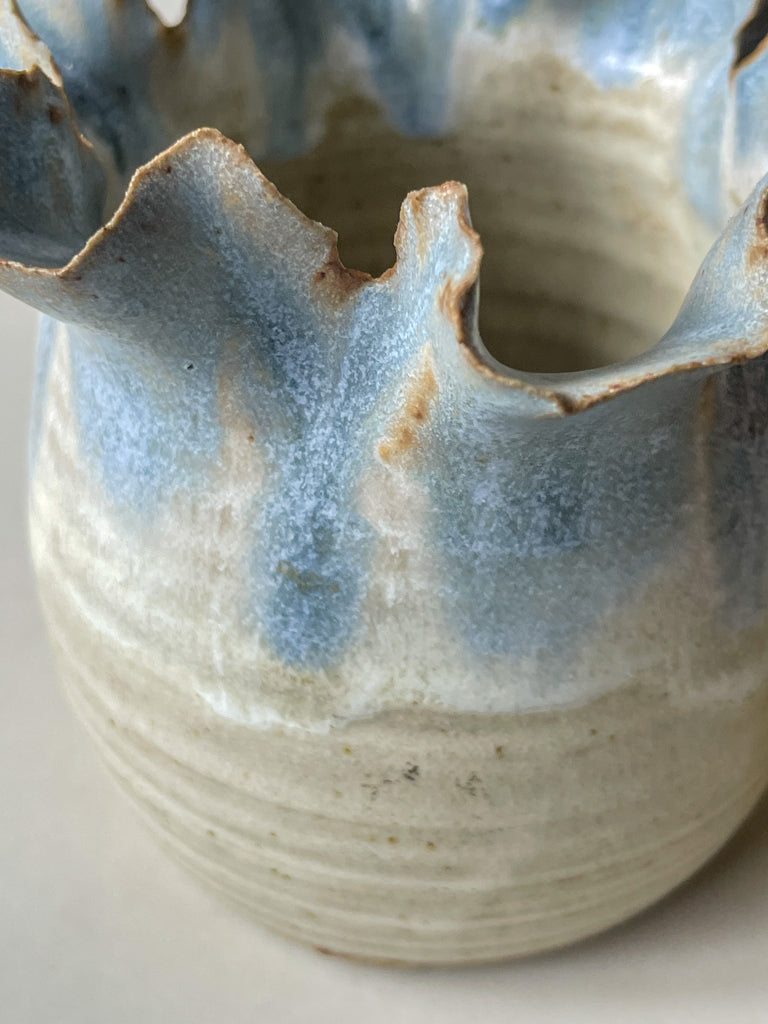 Vintage Blue Drip Glazed Studio Pottery Bud Vase with Flower frog