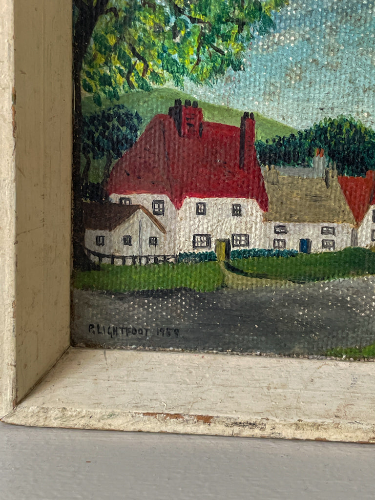 Small Vintage Framed Painting of Rural Village Scene