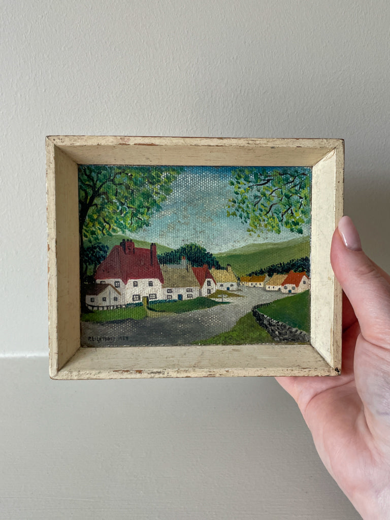 Small Vintage Framed Painting of Rural Village Scene