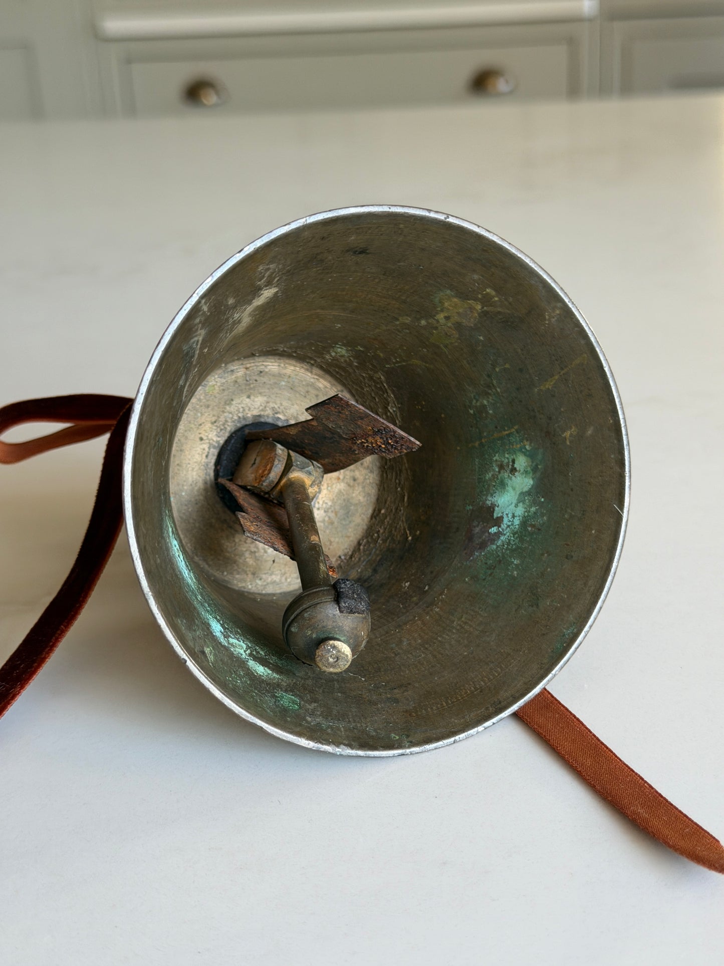 Large Antique Brass Bell With Velvet Ribbon
