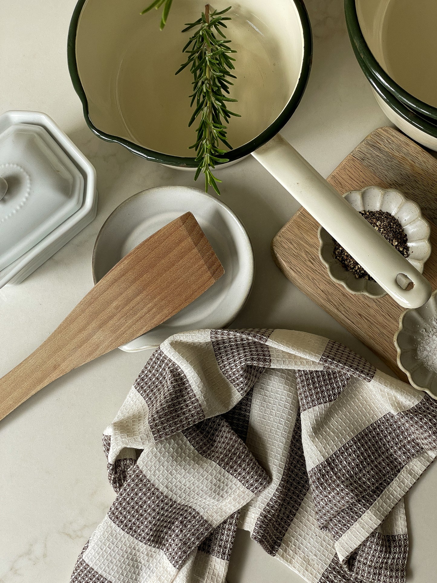 Vintage Cream Enamel Saucepan Trio with Green Rim
