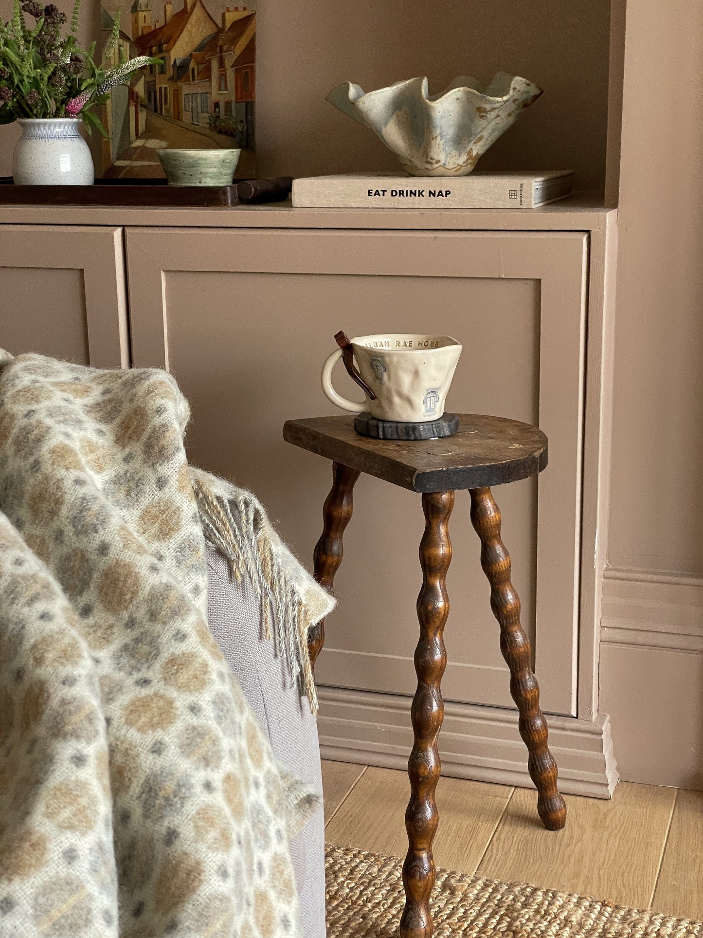 Medium Vintage French Wooden Milking Stool with Bobbin Legs