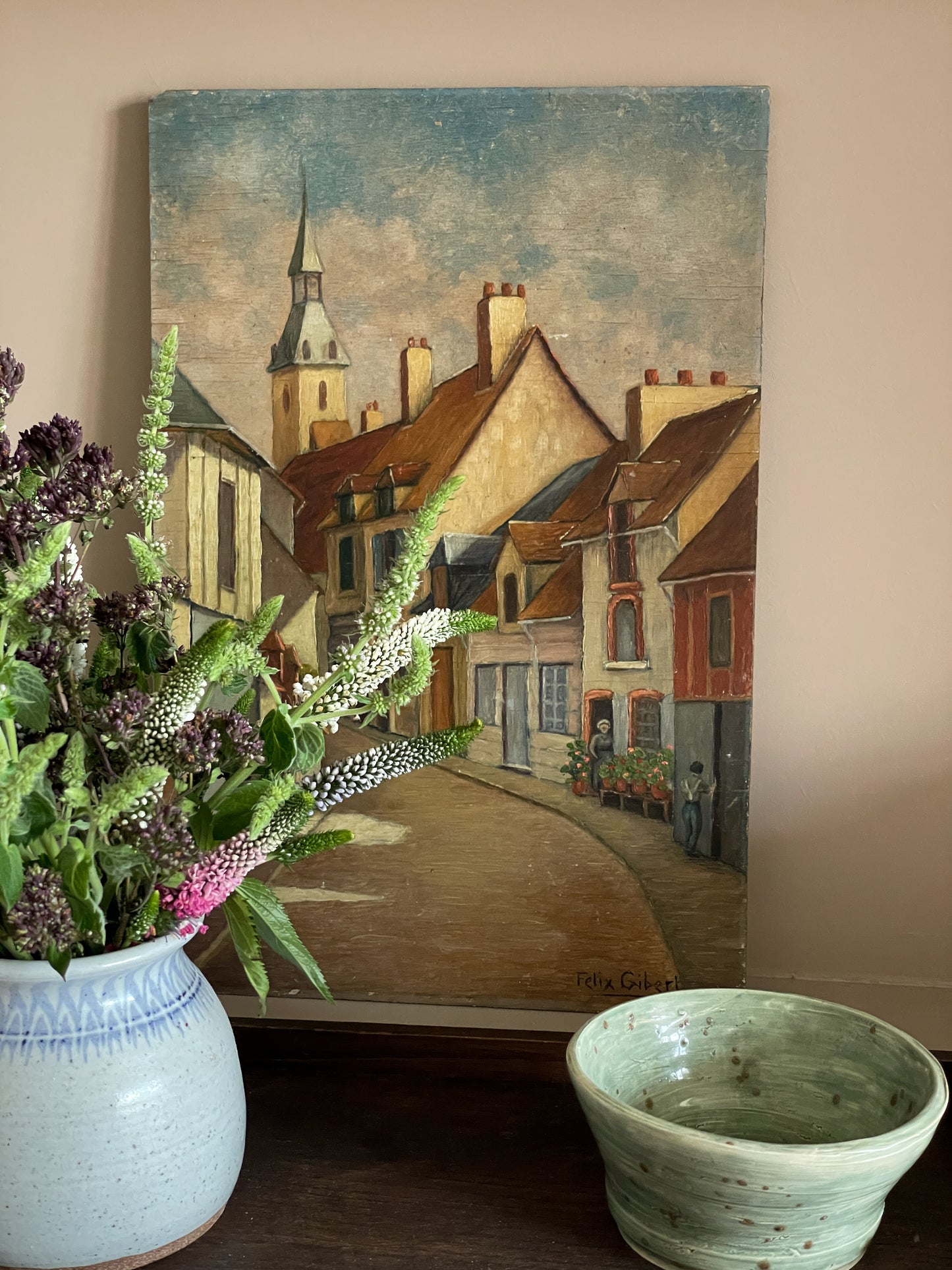 Signed Vintage French Street Scene Oil Painting on Wood