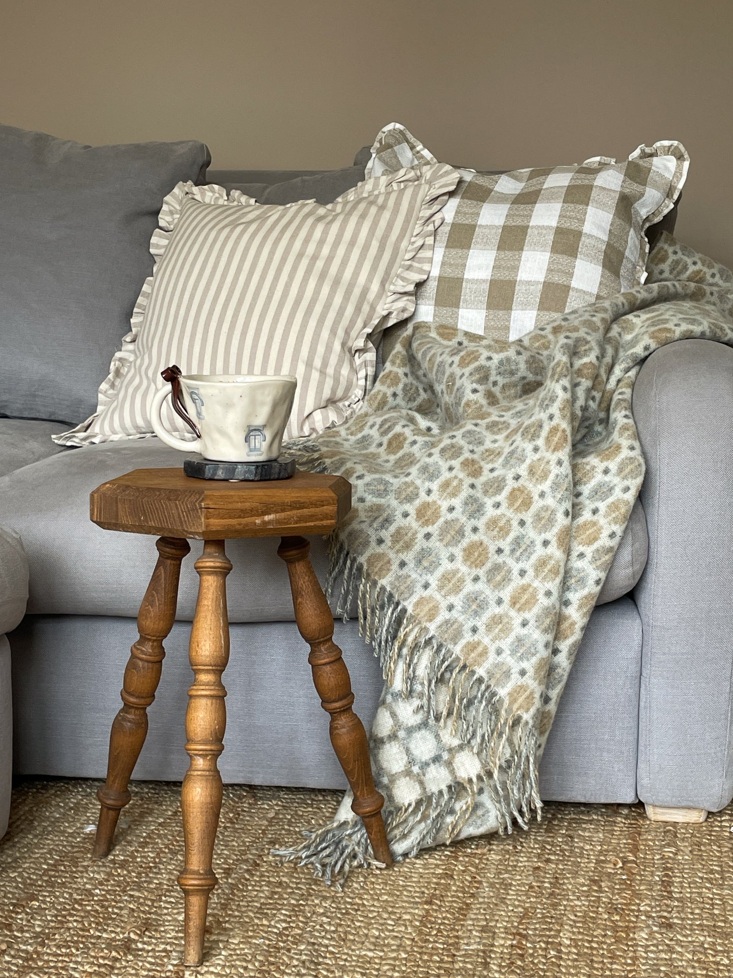 Stained Oak Vintage French Hexagon Wooden Tripod Stool