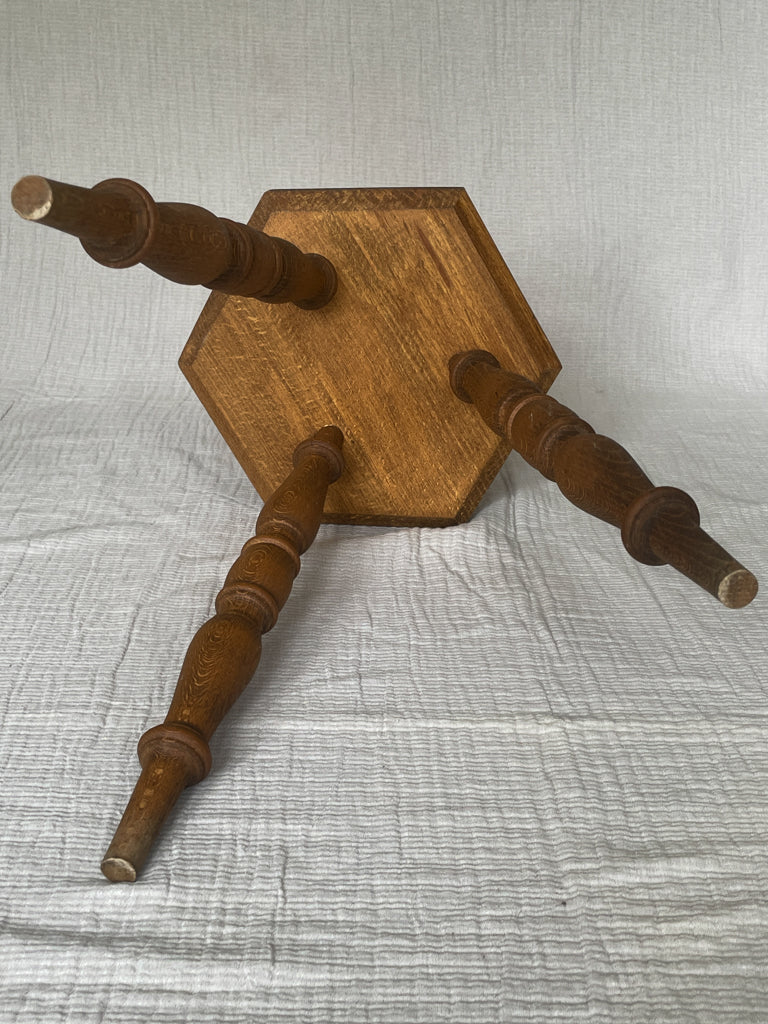Stained Oak Vintage French Hexagon Wooden Tripod Stool