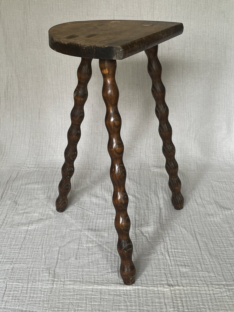 Medium Vintage French Wooden Milking Stool with Bobbin Legs