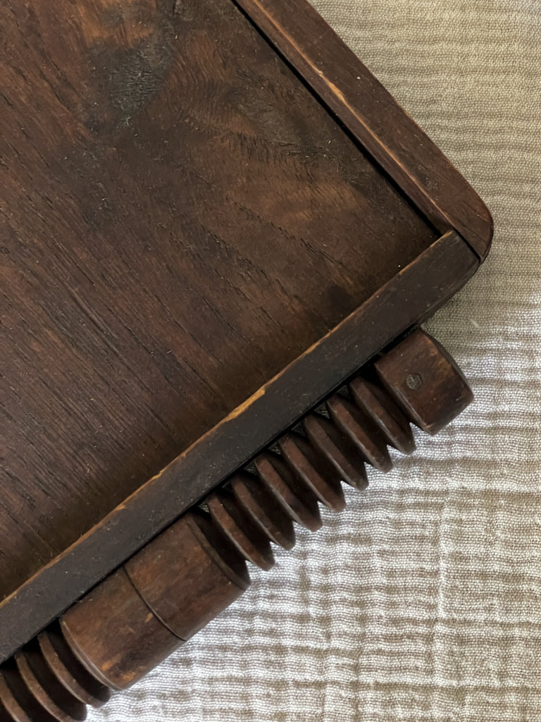 Vintage Dark Wooden French Tray with Carved Handles