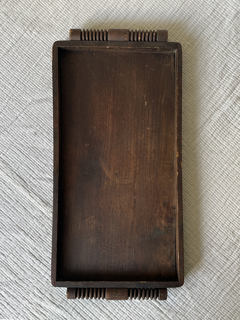 Vintage Dark Wooden French Tray with Carved Handles