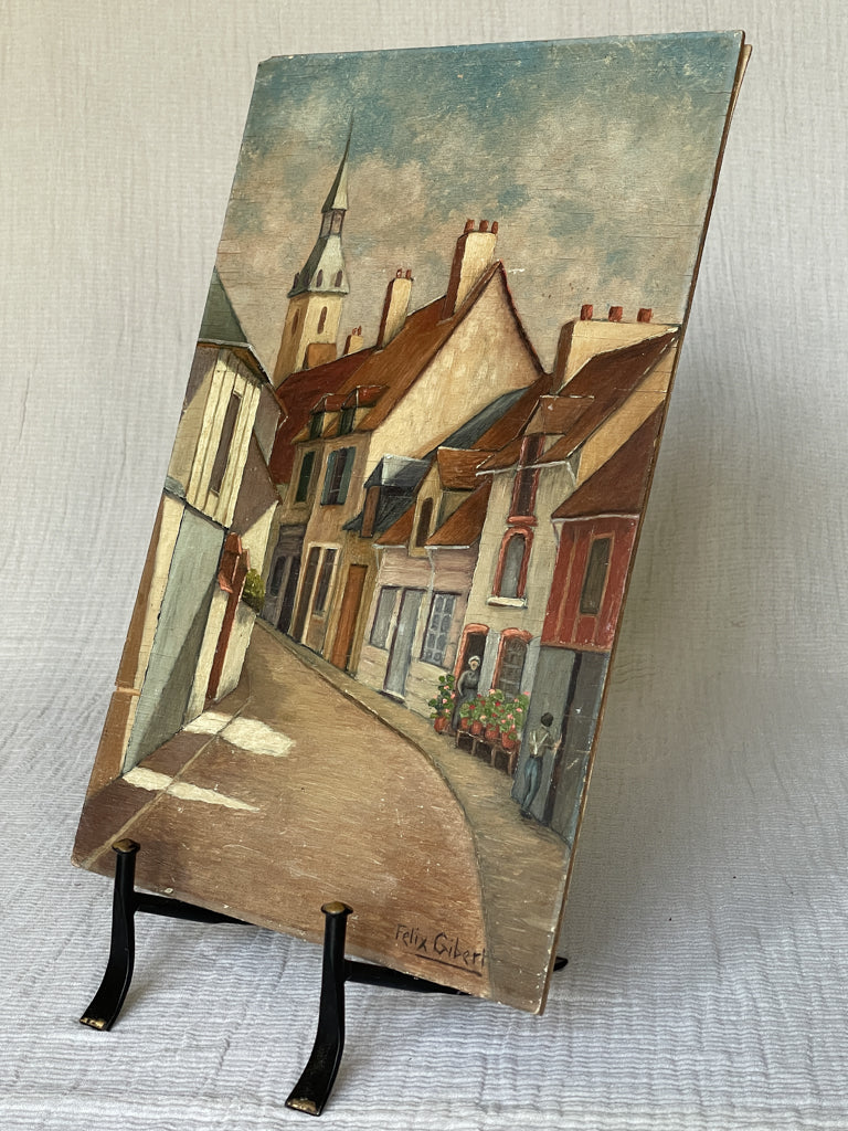 Signed Vintage French Street Scene Oil Painting on Wood