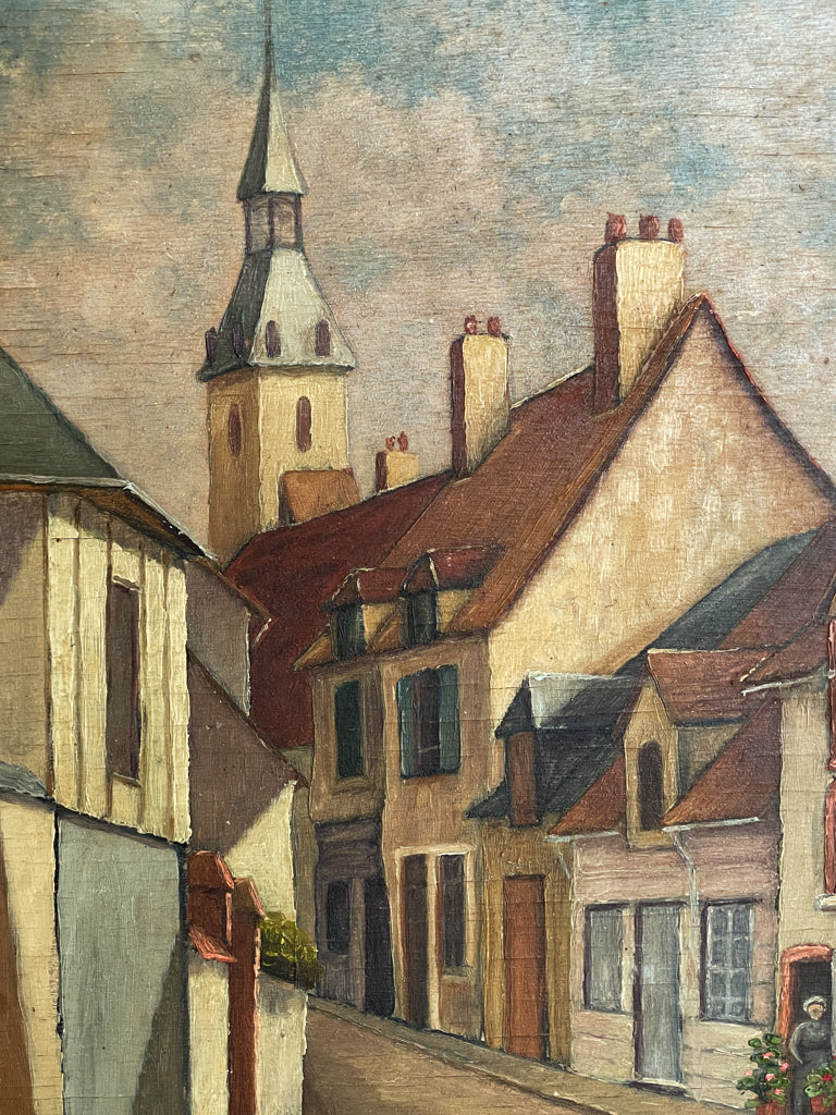 Signed Vintage French Street Scene Oil Painting on Wood