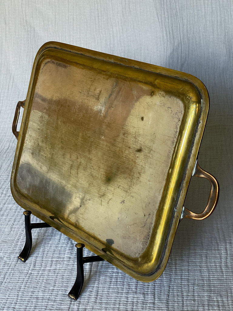 Small Vintage French Brass Tray with Decorative Handles