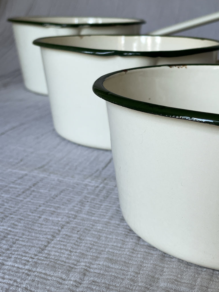 Vintage Cream Enamel Saucepan Trio with Green Rim