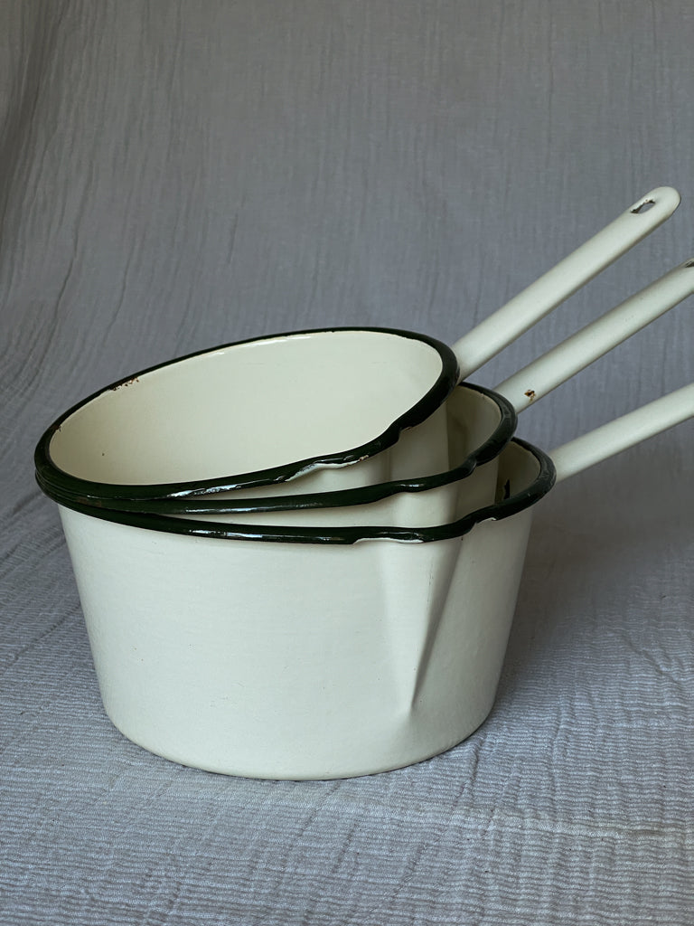 Vintage Cream Enamel Saucepan Trio with Green Rim