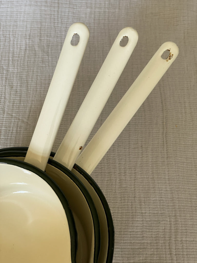 Vintage Cream Enamel Saucepan Trio with Green Rim