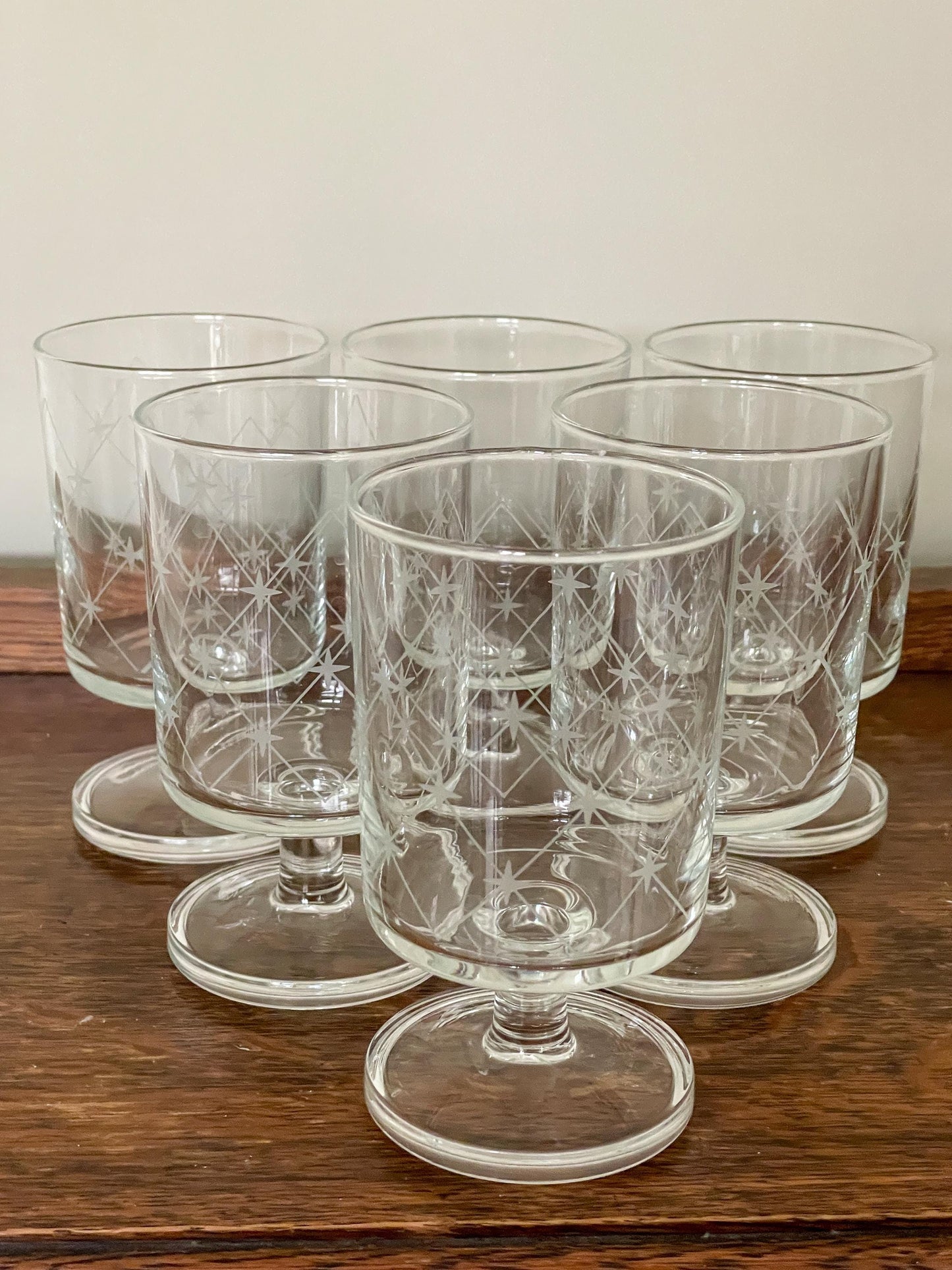 Full set of 6 Vintage French Luminarc Glasses Embossed with White Stars