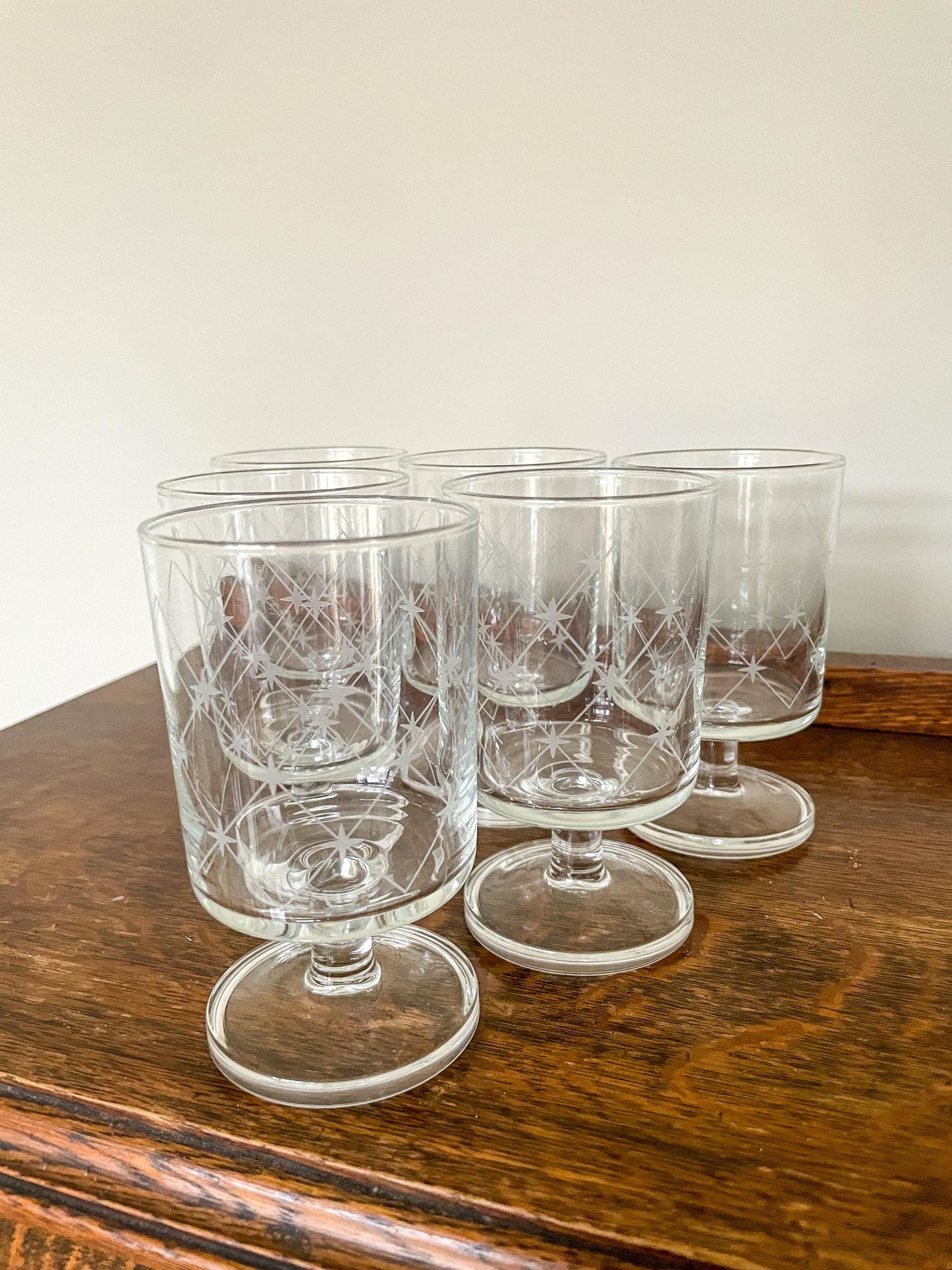 Full set of 6 Vintage French Luminarc Glasses Embossed with White Stars