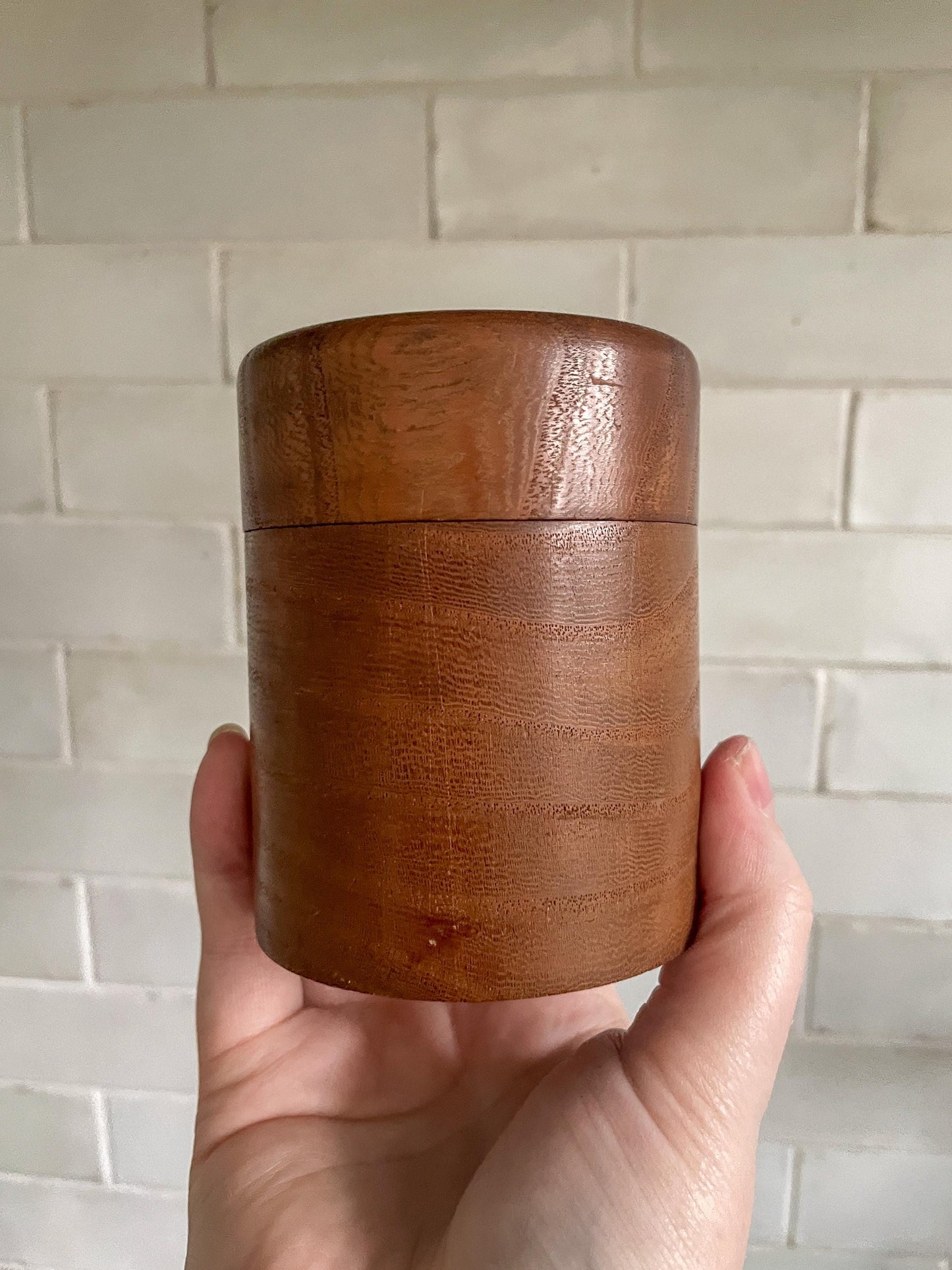 Vintage Turned Cylindrical Wooden Pot with Lid