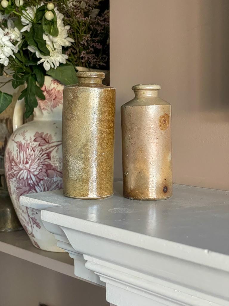Pair of Brown/Pink Vintage Victorian Inkwell bottles