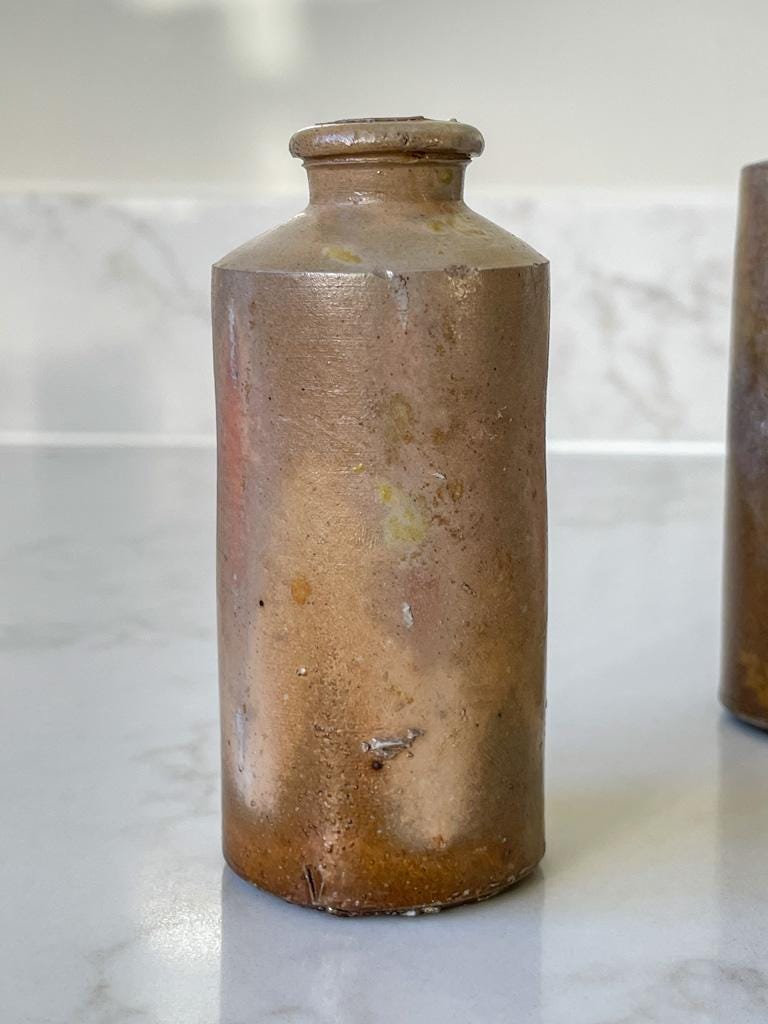 Pair of Brown/Pink Vintage Victorian Inkwell bottles