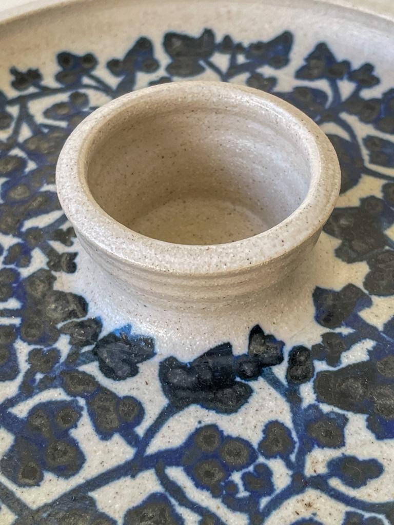 Vintage White and Blue Glazed Studio Pottery Olive Serving Dish