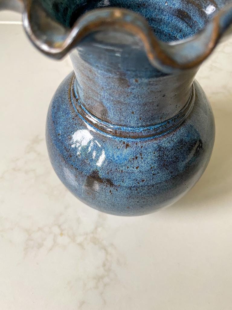 Vintage Blue Glazed Studio Pottery Vase with Scalloped Rim
