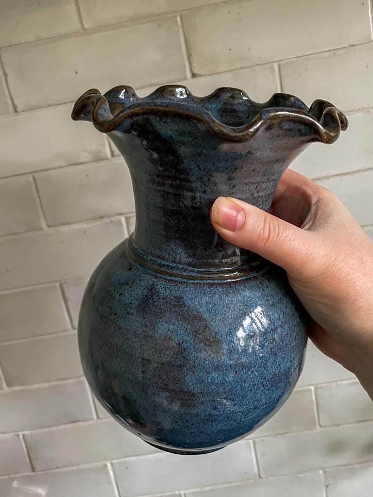 Vintage Blue Glazed Studio Pottery Vase with Scalloped Rim