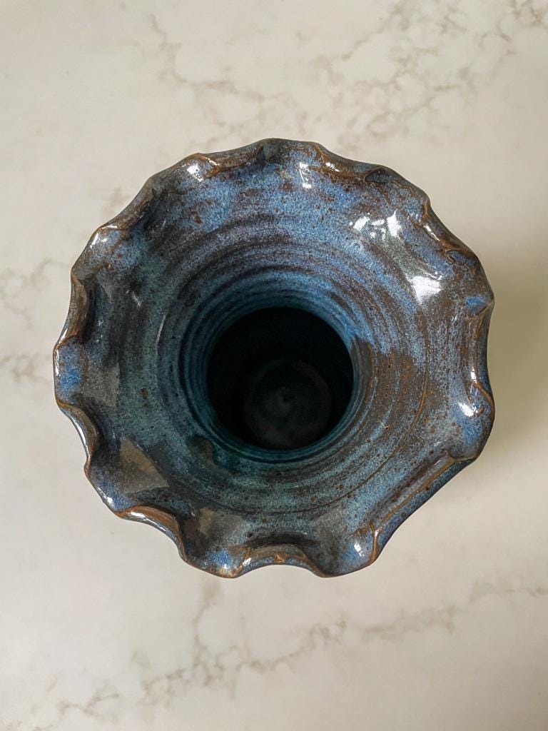 Vintage Blue Glazed Studio Pottery Vase with Scalloped Rim