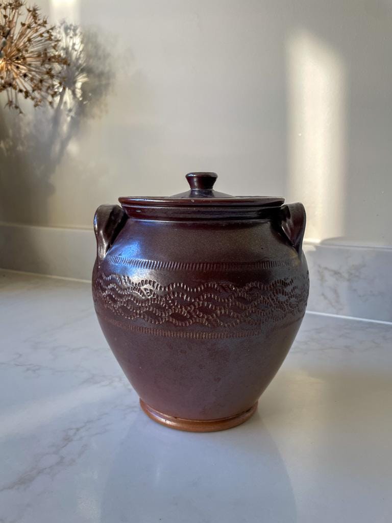 Vintage Victorian 1860 Brown Salt Glazed Lidded Storage Pot with Handles