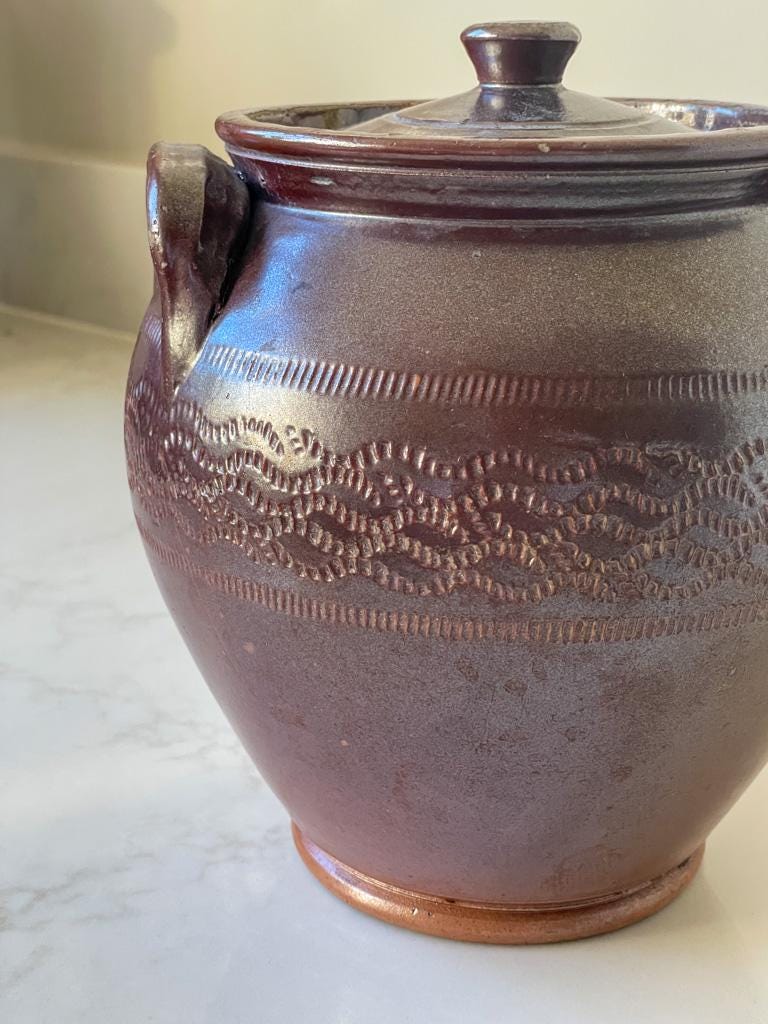 Vintage Victorian 1860 Brown Salt Glazed Lidded Storage Pot with Handles
