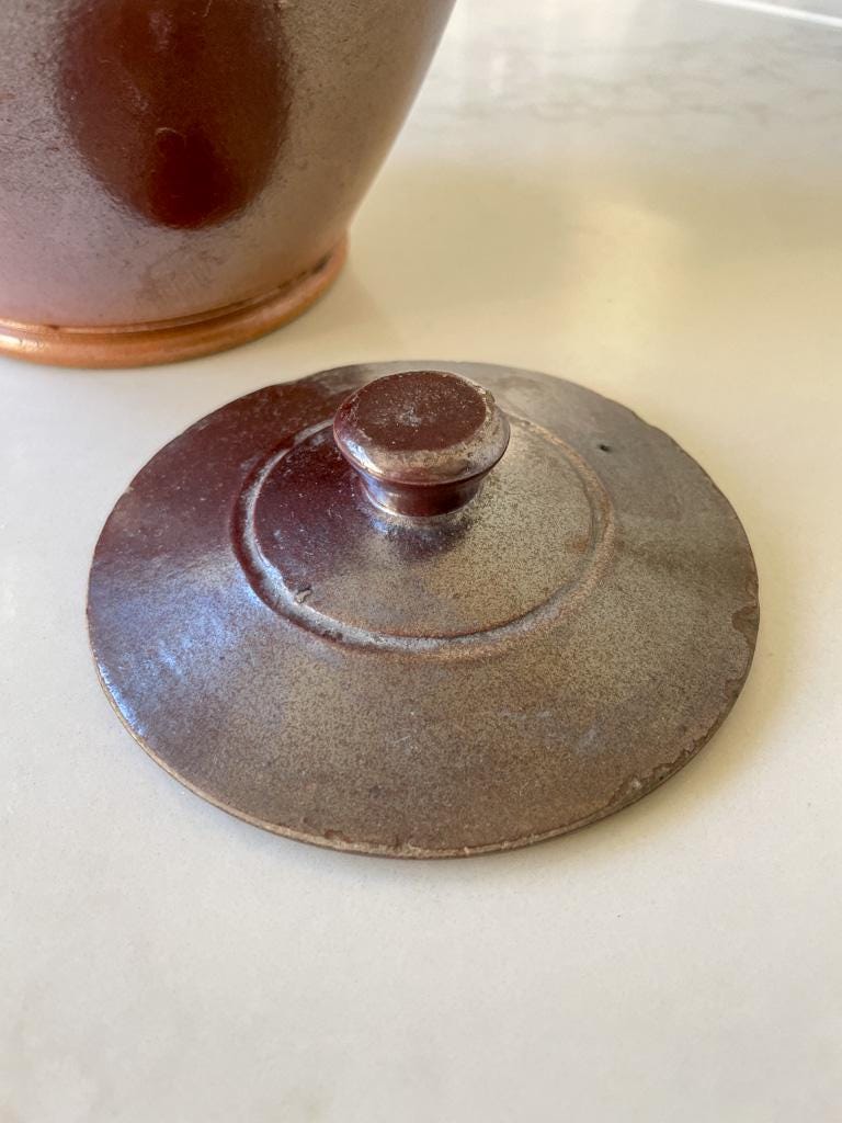 Vintage Victorian 1860 Brown Salt Glazed Lidded Storage Pot with Handles