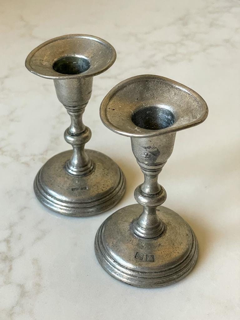 Vintage Pair of Valpeltro Italian Etain 95 Pewter Small Candlestick Holders - Set of Two