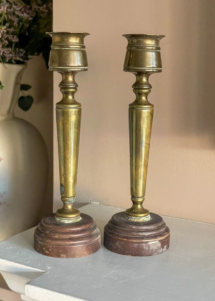 Vintage Pair of Brass Candlestick Holders With Brown Stone Bases