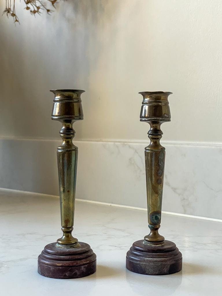 Vintage Pair of Brass Candlestick Holders With Brown Stone Bases