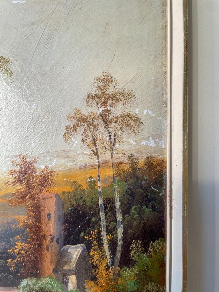 Vintage Framed Landscape Oil Painting of a Bridger Over a River