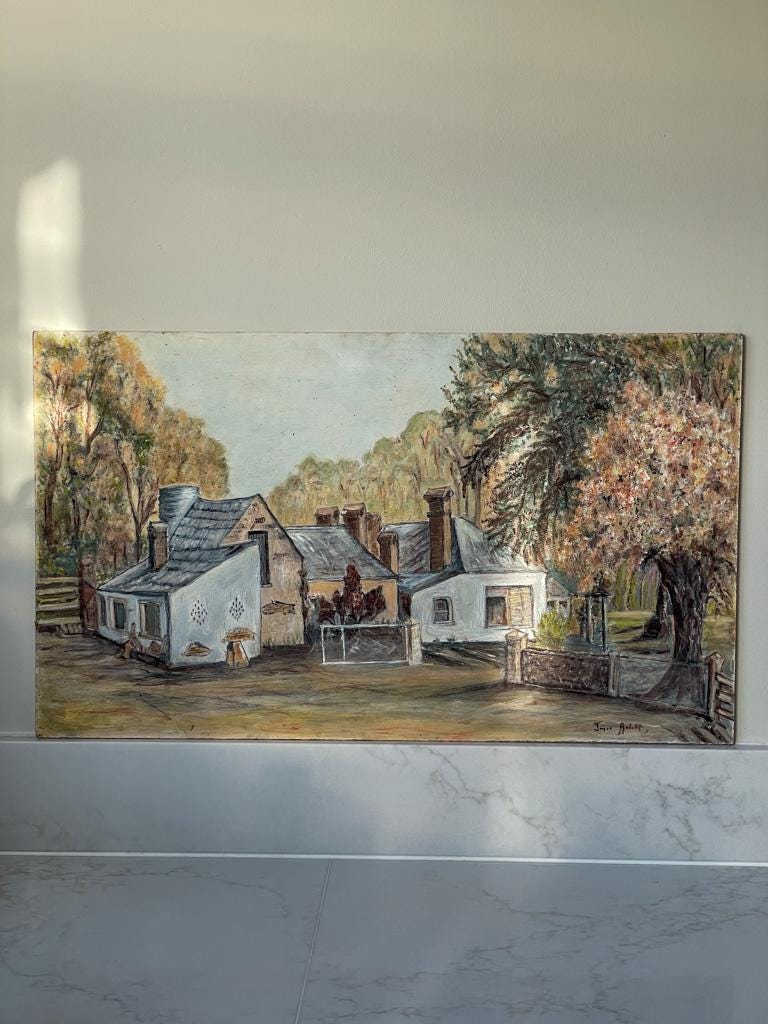 Vintage Neutral-Toned Oil Painting on Board, Depicting a Rural Home Surrounded by Nature