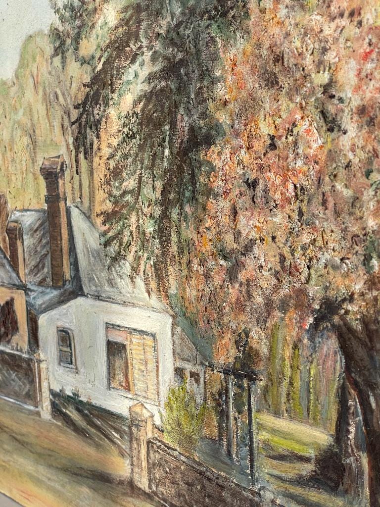 Vintage Neutral-Toned Oil Painting on Board, Depicting a Rural Home Surrounded by Nature