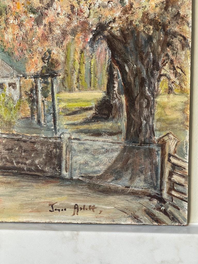 Vintage Neutral-Toned Oil Painting on Board, Depicting a Rural Home Surrounded by Nature