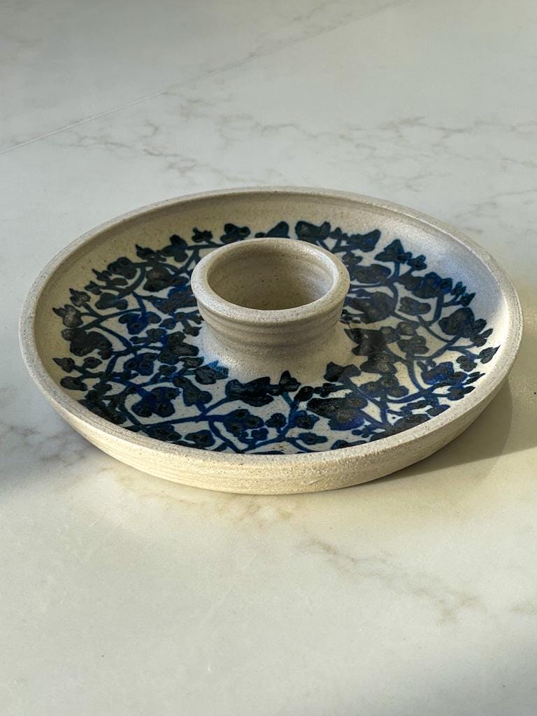 Vintage White and Blue Glazed Studio Pottery Olive Serving Dish