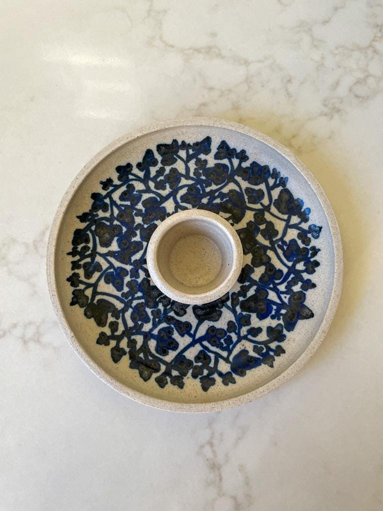 Vintage White and Blue Glazed Studio Pottery Olive Serving Dish
