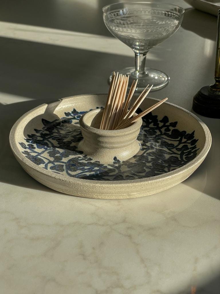 Vintage White and Blue Glazed Studio Pottery Olive Serving Dish