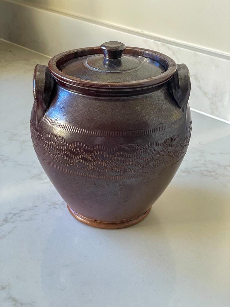 Vintage Victorian 1860 Brown Salt Glazed Lidded Storage Pot with Handles