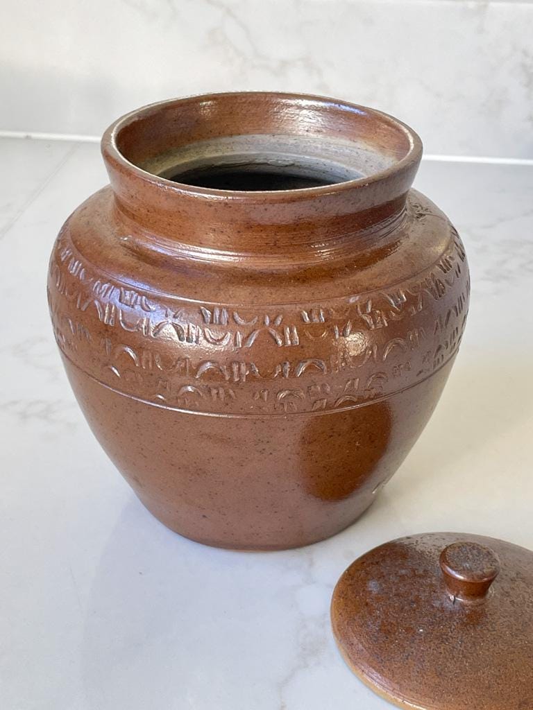 Vintage Victorian 1860 Brown Salt Glazed Lidded Storage Pot