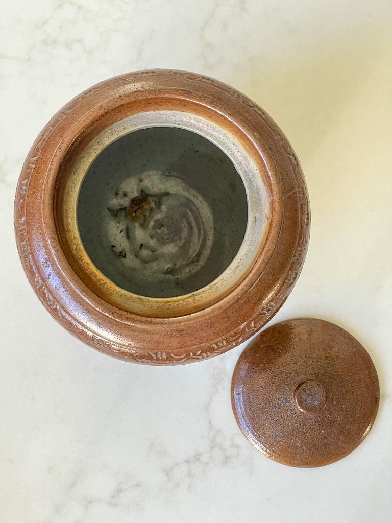 Vintage Victorian 1860 Brown Salt Glazed Lidded Storage Pot