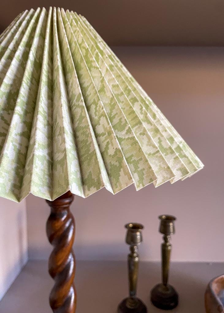Vintage Green and White Patterned Pleated Fabric Lampshade with a geometric cross-stitch effect