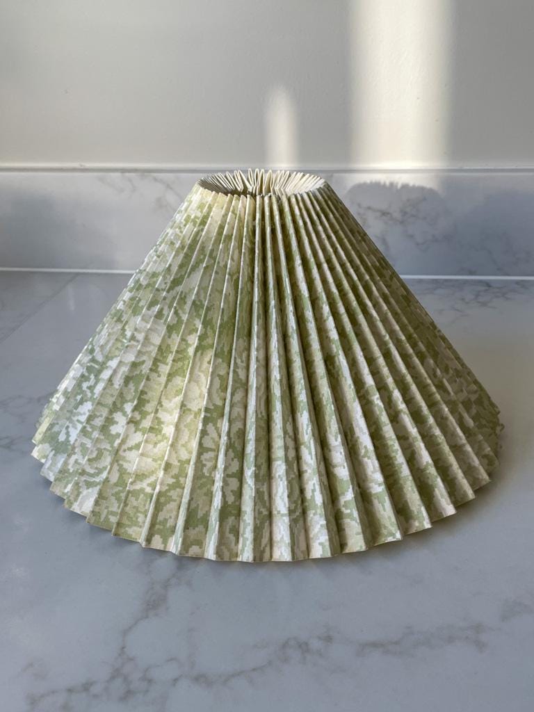 Vintage Green and White Patterned Pleated Fabric Lampshade with a geometric cross-stitch effect
