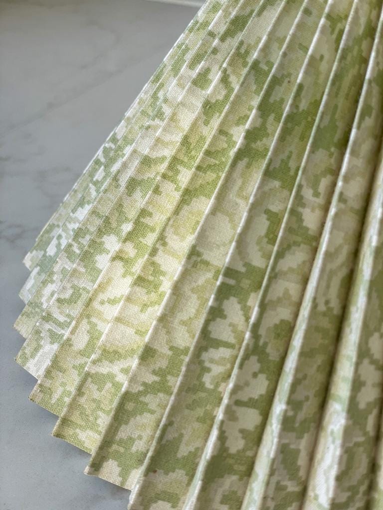 Vintage Green and White Patterned Pleated Fabric Lampshade with a geometric cross-stitch effect