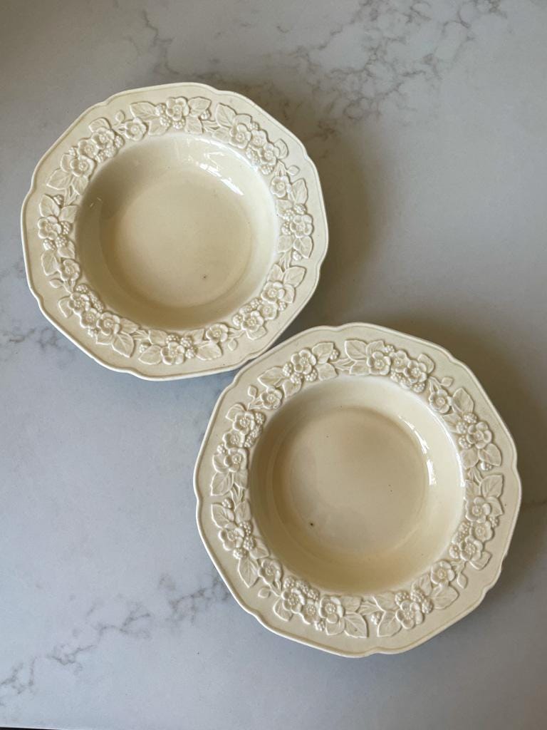 Pair of Cream vintage Crown Ducal Gainsborough Bowls Embossed with Flowers and Leaves
