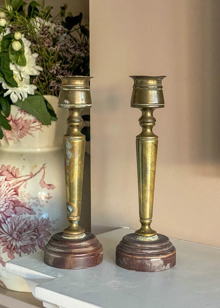 Vintage Pair of Brass Candlestick Holders With Brown Stone Bases