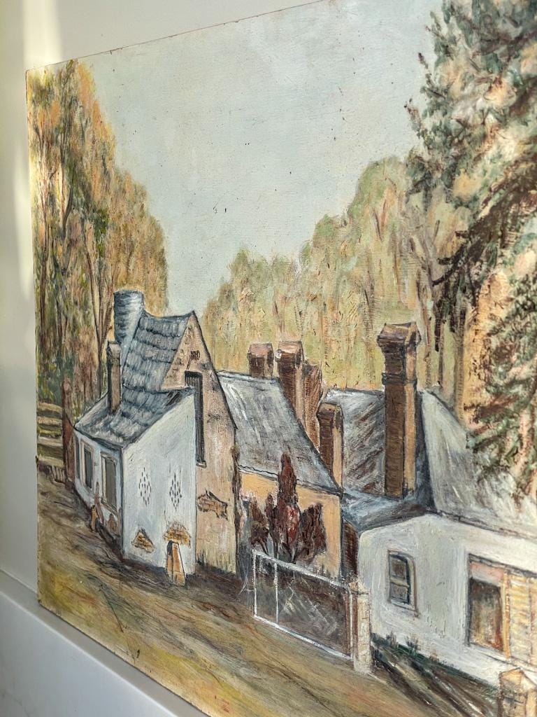 Vintage Neutral-Toned Oil Painting on Board, Depicting a Rural Home Surrounded by Nature